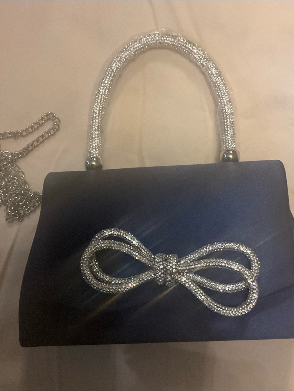 Elegant Navy Satin Evening Bag with Crystal Bow Accent - Picture 4 of 5